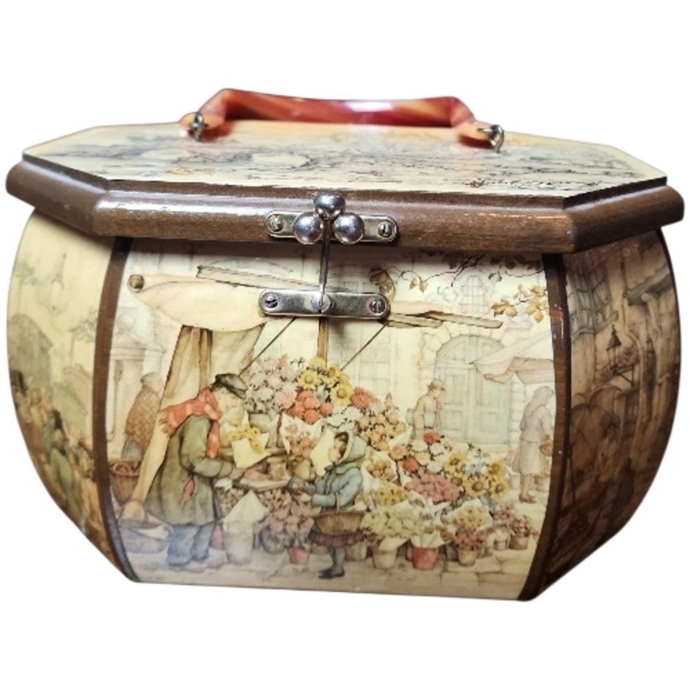ANTON PIECK | Vintage Decoupage‎ Octagon Wood Decorative Box Purse Red Interior